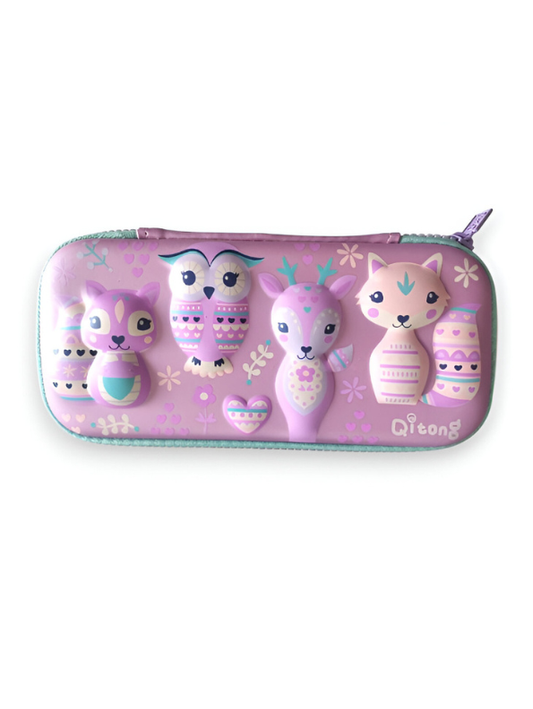 3D Embossed Hard Shell Pencil Case for Girls – Large EVA Stationery Pouch with Cute Owl, Deer & Fox – Pastel Purple Pouch.