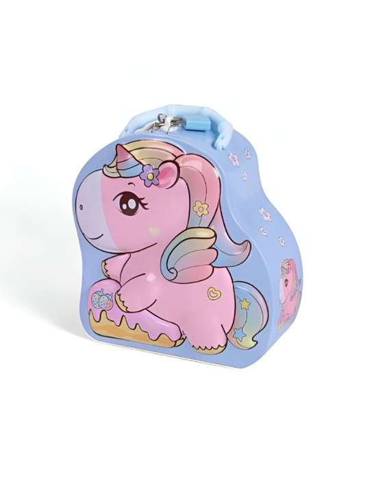Blue - 3D Unicorn Piggy Bank – Metal Money Box with Lock & Key, Secure Savings Bank NOVGBT-8212.