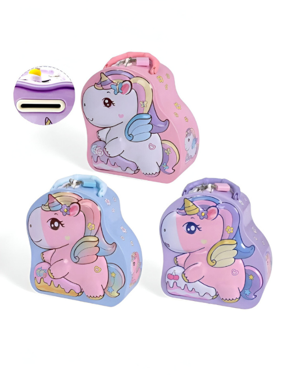 Blue - 3D Unicorn Piggy Bank – Metal Money Box with Lock & Key, Secure Savings Bank NOVGBT-8212.