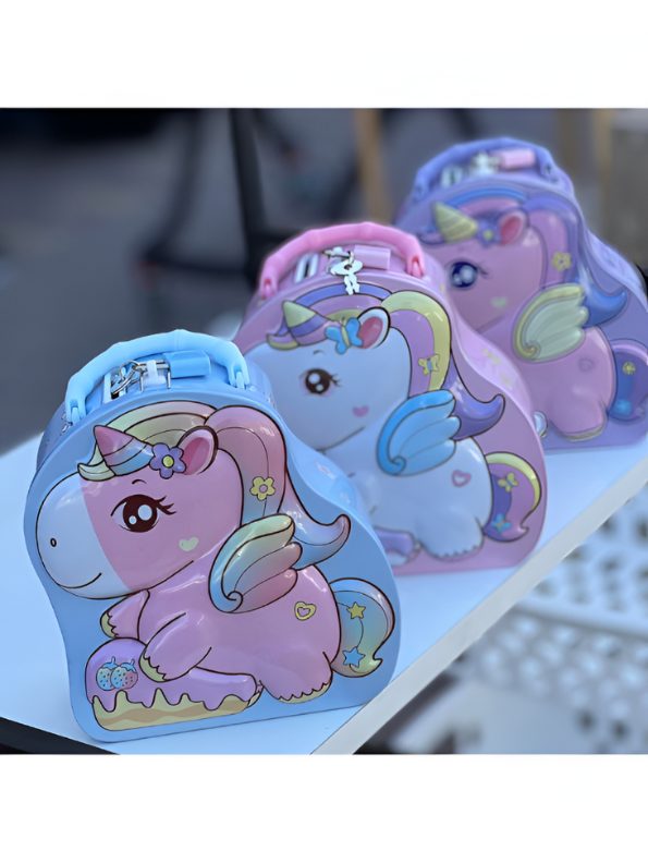 Blue - 3D Unicorn Piggy Bank – Metal Money Box with Lock & Key, Secure Savings Bank NOVGBT-8212.