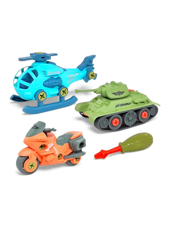 STEM Educational Build & Play Toy Kit - Take Apart Helicopter, Tank, & Motorcycle Set for Kids LMI14837