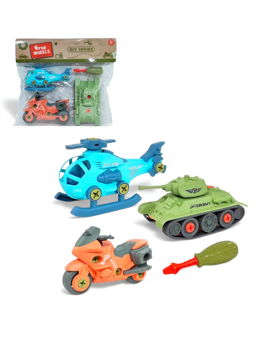 STEM Educational Build & Play Toy Kit - Take Apart Helicopter, Tank, & Motorcycle Set for Kids LMI14837