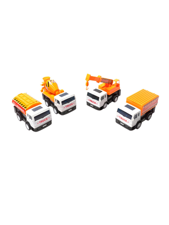 4-Pack Construction Truck Toy Set for Kids – Friction Powered Cement Mixer, Oil Tanker, Container Truck & Crane Vehicles LMI13647.