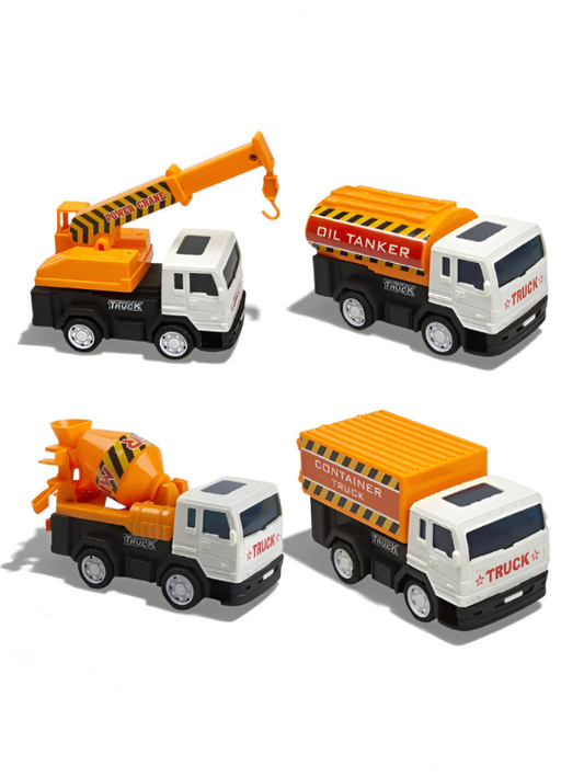 4-Pack Construction Truck Toy Set for Kids – Friction Powered Cement Mixer, Oil Tanker, Container Truck & Crane Vehicles LMI13647.