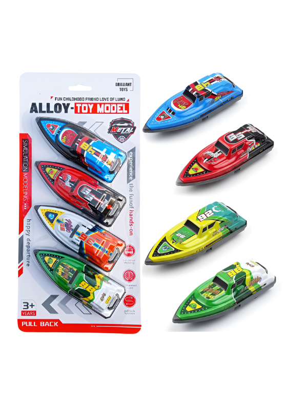 4-Pack Die-Cast Alloy Speedboat Toy Set – Pull-Back Racing Speed Boats, Simulation Vehicle Model Playset for Kids Ages 3+ LMI16067