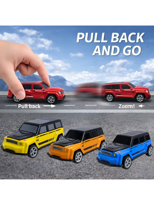 4-Pack Die-Cast Pull Back SUV Toy Car Set – Metal Body Mini Off-Road Vehicles, Friction Powered Pocket Racing Cars LMI15838