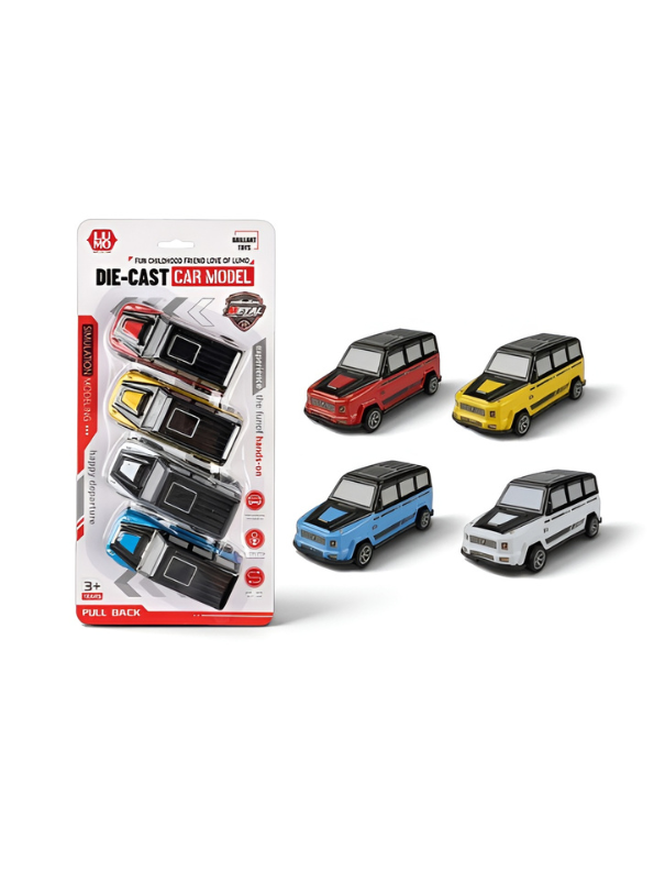 4-Pack Die-Cast Pull Back SUV Toy Car Set – Metal Body Mini Off-Road Vehicles, Friction Powered Pocket Racing Cars LMI15838
