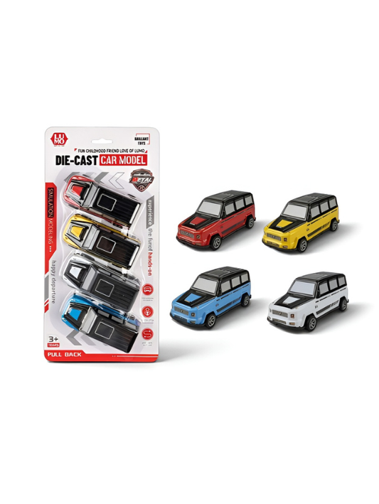 4-Pack Die-Cast Pull Back SUV Toy Car Set – Metal Body Mini Off-Road Vehicles, Friction Powered Pocket Racing Cars LMI15838
