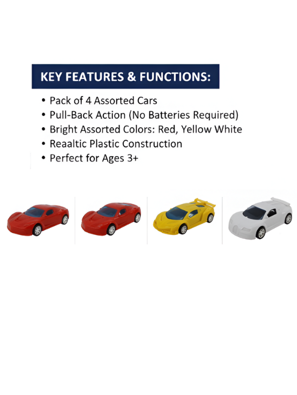 4-Pack Kids Toy Supercar Set -  Friction Powered Racing Cars, Colorful Plastic Sports Cars LMI9753.