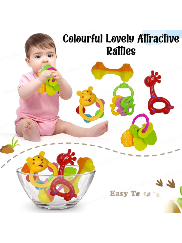 4-Piece Baby Rattle and Teething Toy Set – Musical Sound Rattles, Easy-to-Grip Teethers & Sensory Development Toys LMI15378