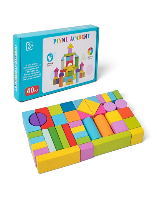 40-Piece Solid Wood Geometric Building Blocks – Non-Toxic Rainbow Stacking & Sorting Toy for Preschool Learning and Dexterity MD660