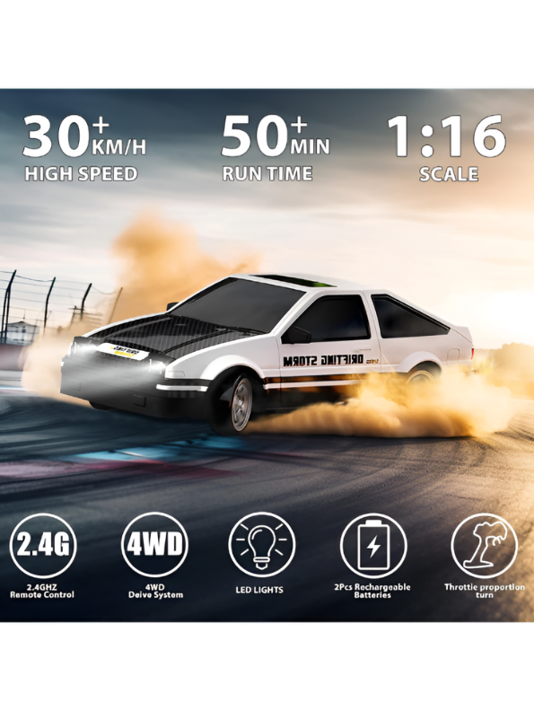 4WD RC Drift Car White 1:16 Scale High-Speed Remote Control Racing Car 30+km/h with LED Lights, 2 Rechargeable Batteries & Interchangeable Tires TV4908