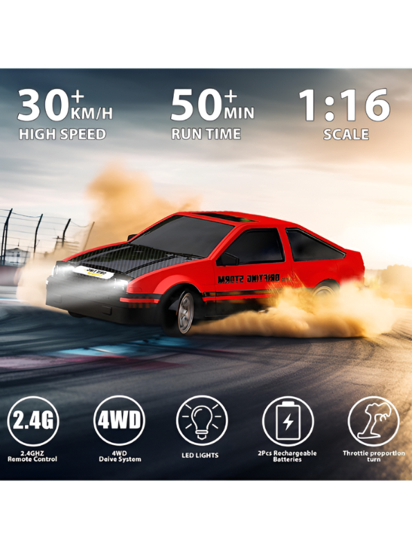4WD RC Drift Car 1:16 Scale High-Speed Remote Control Racing Car 30+km/h with LED Lights, 2 Rechargeable Batteries & Interchangeable Tires TV4908