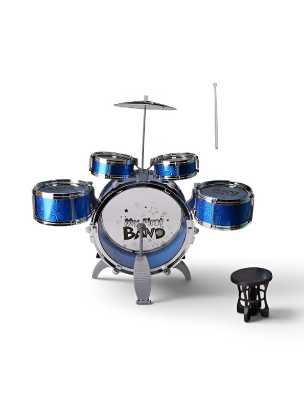 5-Piece Kids Jazz Drum Set with Stool, Cymbal, and Drumsticks – Blue Musical Instrument Toy Kit with Bass Drum Pedal for Toddlers TV1102