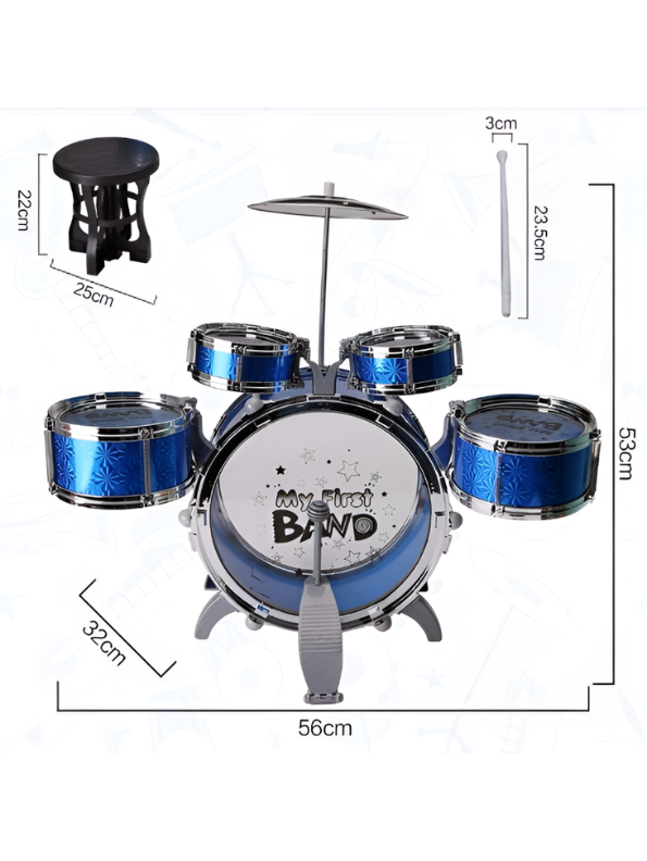 5-Piece Kids Jazz Drum Set with Stool, Cymbal, and Drumsticks – Blue Musical Instrument Toy Kit with Bass Drum Pedal for Toddlers TV1102