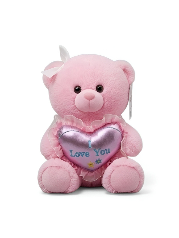 40cm Pink Plush Teddy Bear with ‘I Love You’ Metallic Purple Heart ST16146.