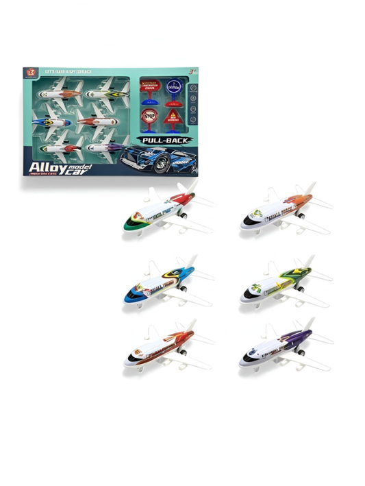 6-Piece Die-Cast Alloy Toy Airplane Set with Road Signs - Pull-Back Mini Jet Planes MD3653.