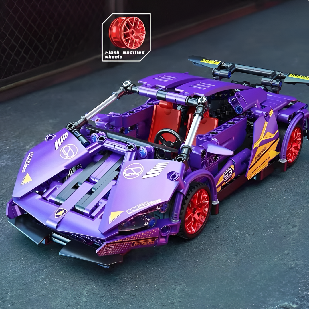 Mechanical Supercar Building Block Set – 1:18 Scale Purple Pull-Back Racing Car Toy with Scissor Doors & Rotating Steering Wheel – Creative STEM Kit for Kids Ages 6+ TV6044