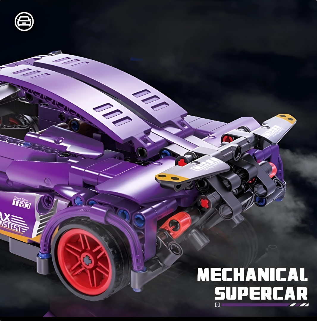 Mechanical Supercar Building Block Set – 1:18 Scale Purple Pull-Back Racing Car Toy with Scissor Doors & Rotating Steering Wheel – Creative STEM Kit for Kids Ages 6+ TV6044