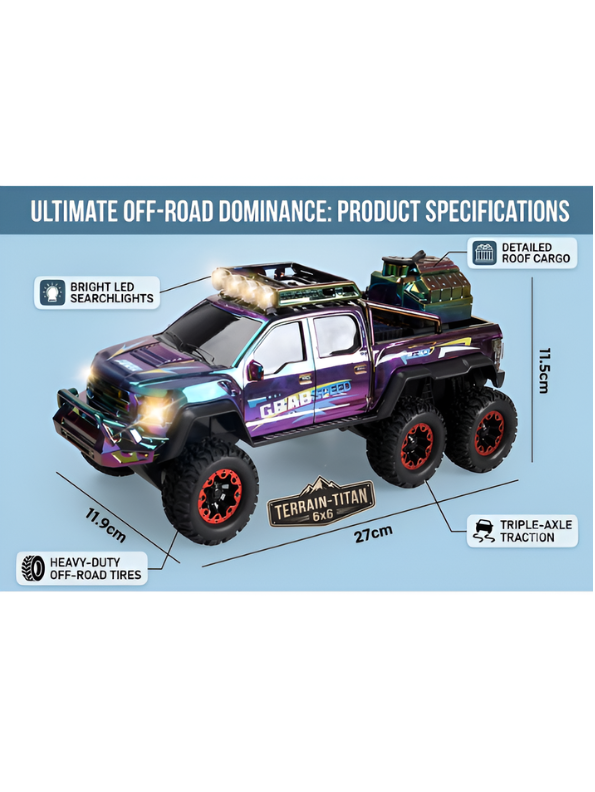 6x6 Metallic RC Off-Road Monster Truck with Smoke Spray & LED Lights MD114