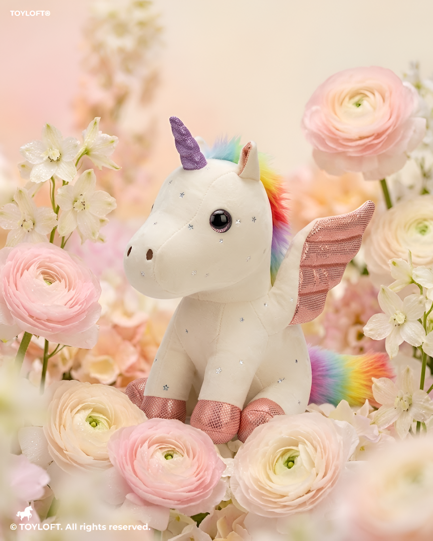 8-Inch White Rainbow Unicorn Plush Toy with Pink Wings ST11550