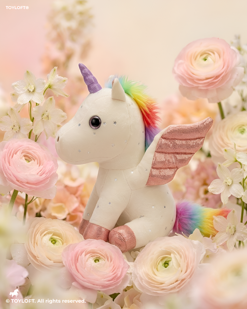 8-Inch White Rainbow Unicorn Plush Toy with Pink Wings ST11550