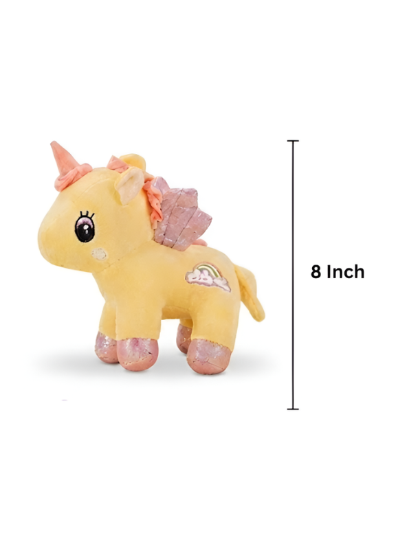 8 Inch Unicorn Soft Toy with Glitter Wings & Rainbow Patch Yellow ST11459.