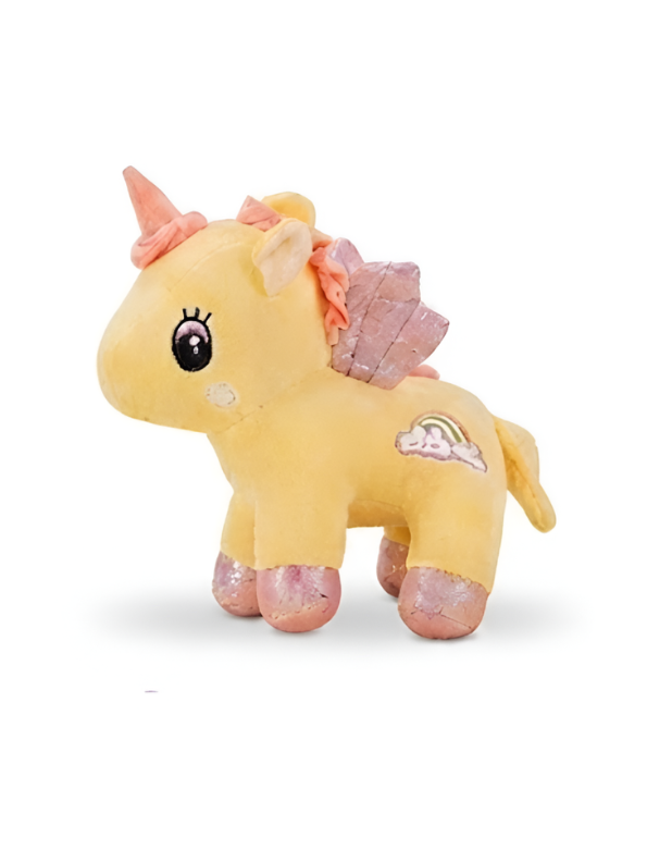 8 Inch Unicorn Soft Toy with Glitter Wings & Rainbow Patch Yellow ST11459.