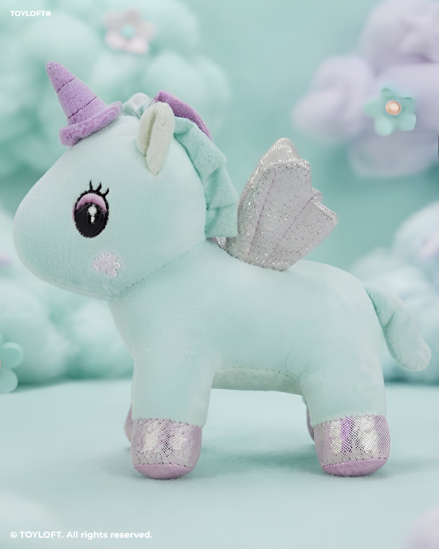 8 Inch Unicorn Soft Toy with Glitter Wings & Rainbow Patch Green ST11459.