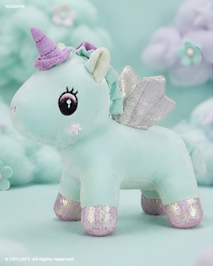 8 Inch Unicorn Soft Toy with Glitter Wings & Rainbow Patch Green ST11459.