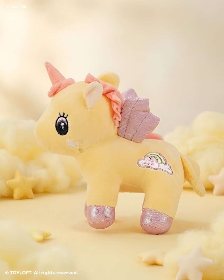 8 Inch Unicorn Soft Toy with Glitter Wings & Rainbow Patch Yellow ST11459.