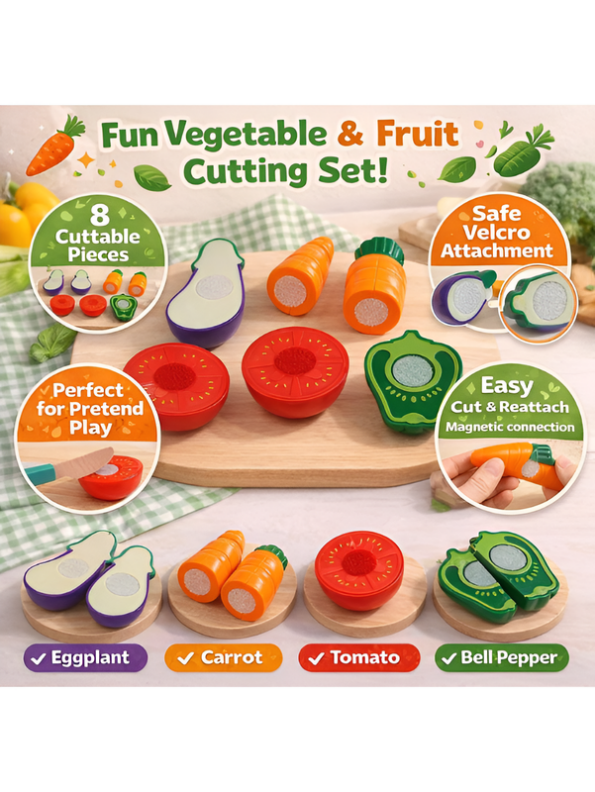 8 Pcs Kids Pretend Play Cutting Vegetable Toy Set with Shopping Basket LMI15187
