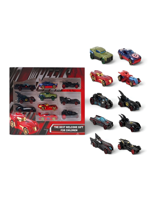 9-Piece Superhero Die-Cast Toy Car Set – Character Metal Vehicles Playset & Ideal Gift for Kids MD170