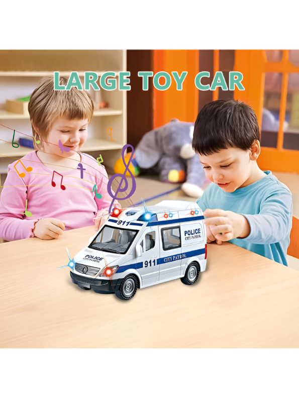 911 Police City Patrol Toy Van - Electric Bump and Go Toy Car with Flashing 3D LED Lights & Musical Sounds - Friction Powered Inertia Police Vehicle for Toddlers TV5427