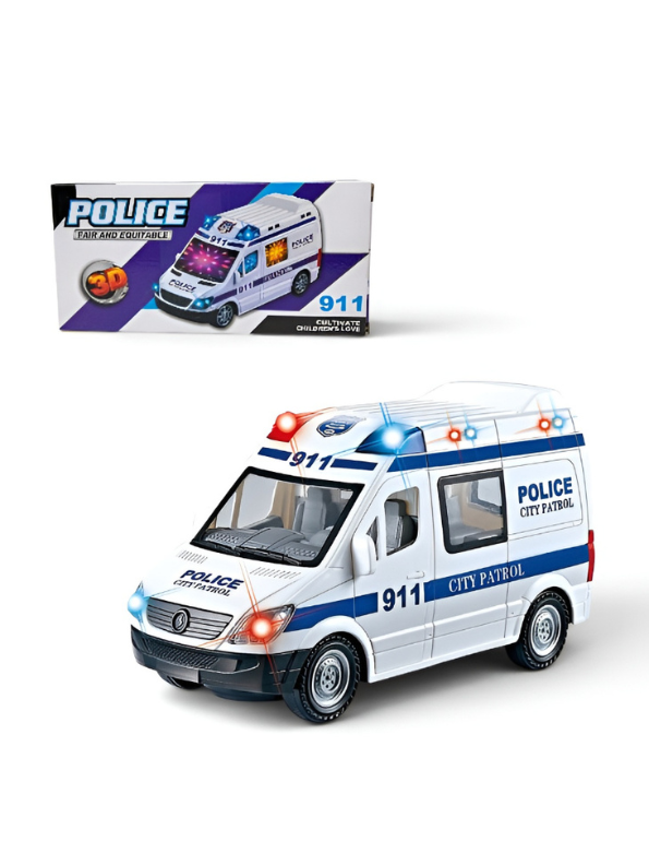 911 Police City Patrol Toy Van - Electric Bump and Go Toy Car with Flashing 3D LED Lights & Musical Sounds - Friction Powered Inertia Police Vehicle for Toddlers TV5427