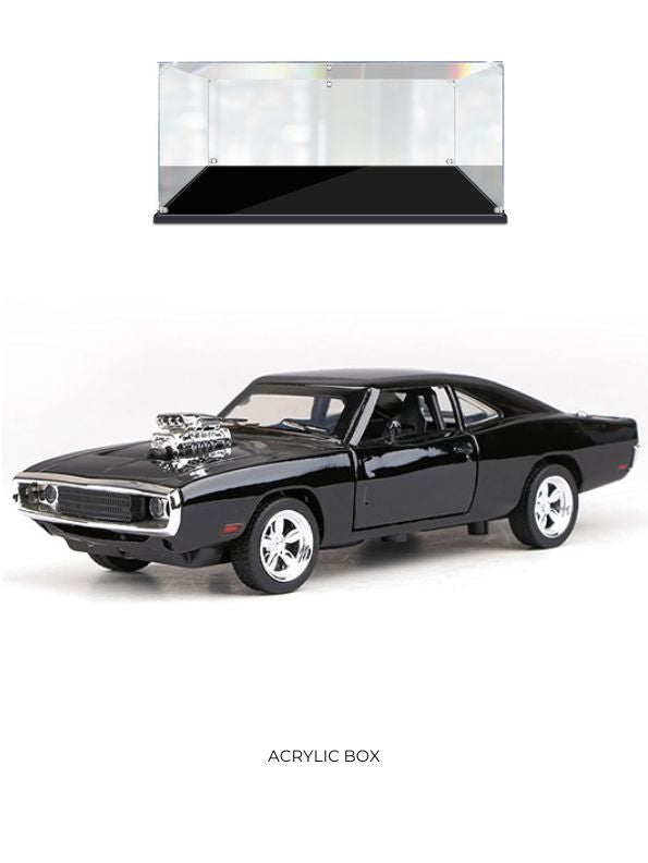 Mustang Dodge Charger Fast & Furious Diecast Car 1:24 Scale - Black Model with Acrylic Display Case