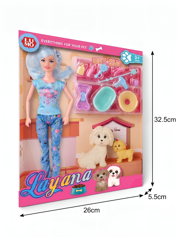 Doll with Pet Shop Grooming Set for Girls Fashion Doll with Blue Hair, 2 Toy Dogs, and 11 Bathing & Feeding Accessories Pretend Play Toys Set for Kids Ages 3+ LMI12737