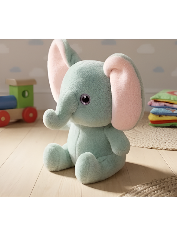 Adorable Elephant Plush Toy – 10 Inch Soft Muted Green Stuffed Elephant with Big Pink Ears, Fluffy Animal Cushioned Toy for Toddlers and Newborns ST14451