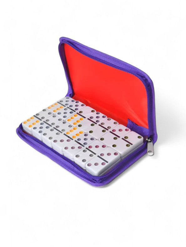 Portable Double-Six Dominoes Travel Set - 91 Piece Professional Color Dot Dominoes in Compact Purple Zipper Bag - Classic Indoor/Outdoor Family Fun TV5417