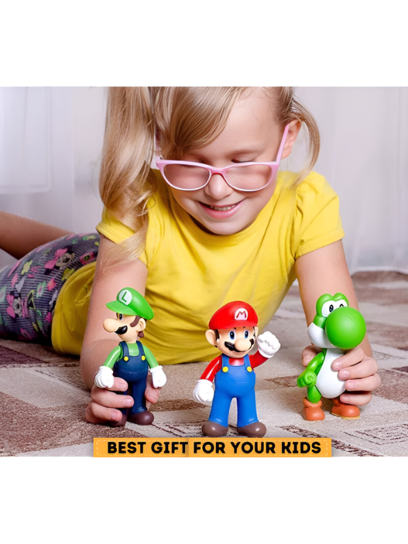 Super Mario Action Figure 3-Pack - Includes Fire Mario, Yoshi, and Classic Mario Toys - 4" Collectible Figures TV1183