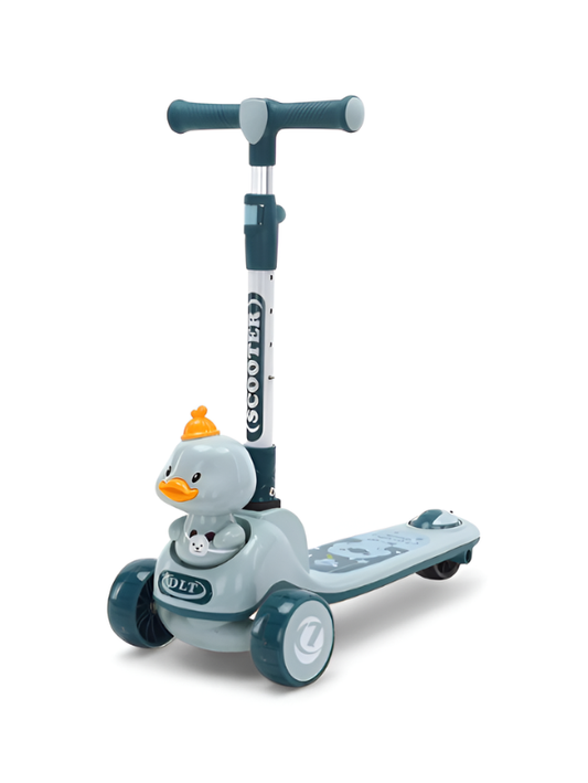 3-Wheel Kick Scooter for Toddlers with Music and LED Light-Up Wheels – Adjustable Height Duck Themed Lean-to-Steer Scooter for Kids Ages 3-5, Teal/Grey TV4394