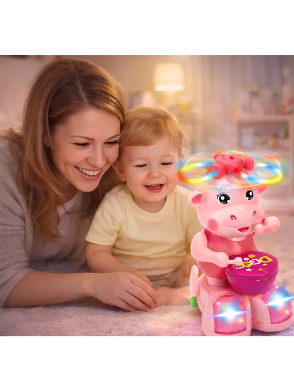 Musical Pink Cow Drummer Toy for Toddlers - Electronic Dancing Toy with 360° Spinning Flash Lights, Omnidirectional Bump & Go Driving, Walking & Drumming Action, Early Educational Gift for Kids 3+ LMI13950