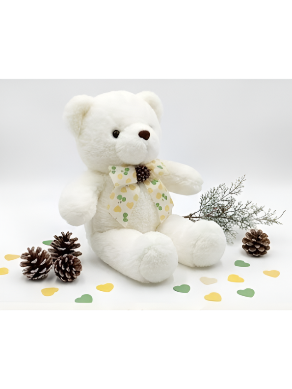 Teddy Bear Stuffed Animal - Soft White 8 Inch Cute Plush Toy with Heart-Patterned Ribbon & Pinecone Detailing, Perfect Winter & Holiday Gift ST16464