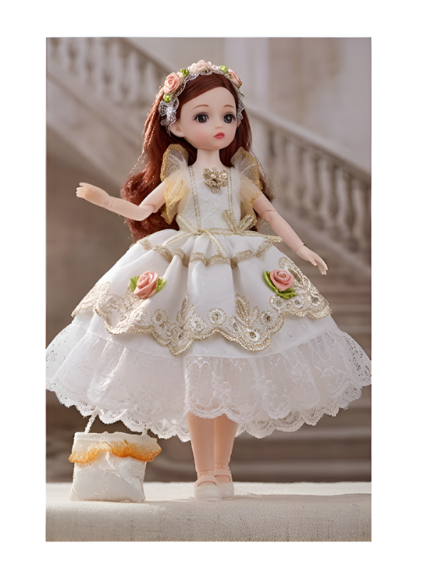 Beautiful White Fairy Princess Fashion Doll Set with Articulated Joints, Luxury Embroidered Dress, Floral Tiara, and Handbag – Elegant Toy Gift for Girls LMI10447
