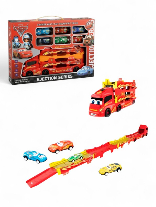 Disney Cars Ejection Series Transport Truck Toy – 2-in-1 Carrier & Foldable Racing Track with 6 Mini Die-Cast Cars – Launch and Storage Play Set for Kids TV4543