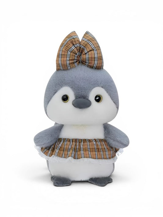 Penguin Plush Toy with Plaid Skirt and Bow - 10 Inch Brown AdorableSoft Stuffed Animal Doll for Kids & Nursery Decor - 10-inch Kawaii Grey Penguin Girl Gift ST16497