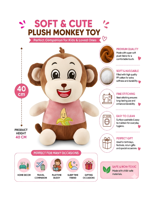 Cuddly Monkey Stuffed Toy with Banana Detail - 12-Inch Plush Soft Toy for Boys & Girls ( Pink & purple) LMI16680