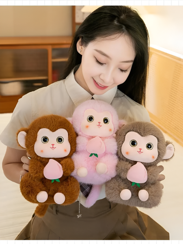 Grey Cute Monkey Plush Toy with Pink Peach, 10-Inch Soft Stuffed Animal Monkey Doll, Kawaii Nursery Decor and Birthday Gift for Kids, Girls and Boys ST14143