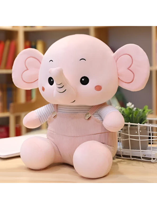 Pink Elephant Plush Toy 8-Inch Soft Stuffed Animal with Corduroy Overalls & Striped Shirt – Cute Nursery Decor & Huggable Companion for Toddlers and Kids ST11457