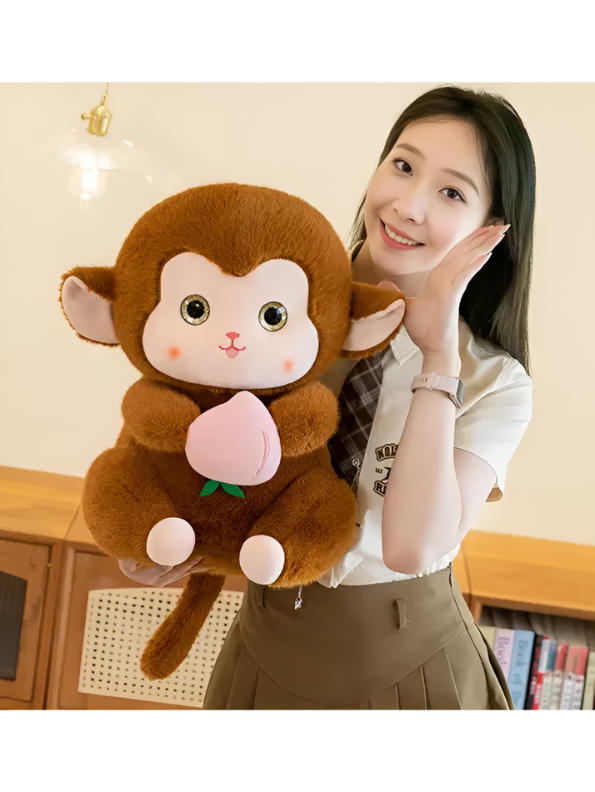 Brown Cute Monkey Plush Toy with Pink Peach, 10-Inch Soft Stuffed Animal Monkey Doll, Kawaii Nursery Decor and Birthday Gift for Kids, Girls and Boys ST14143